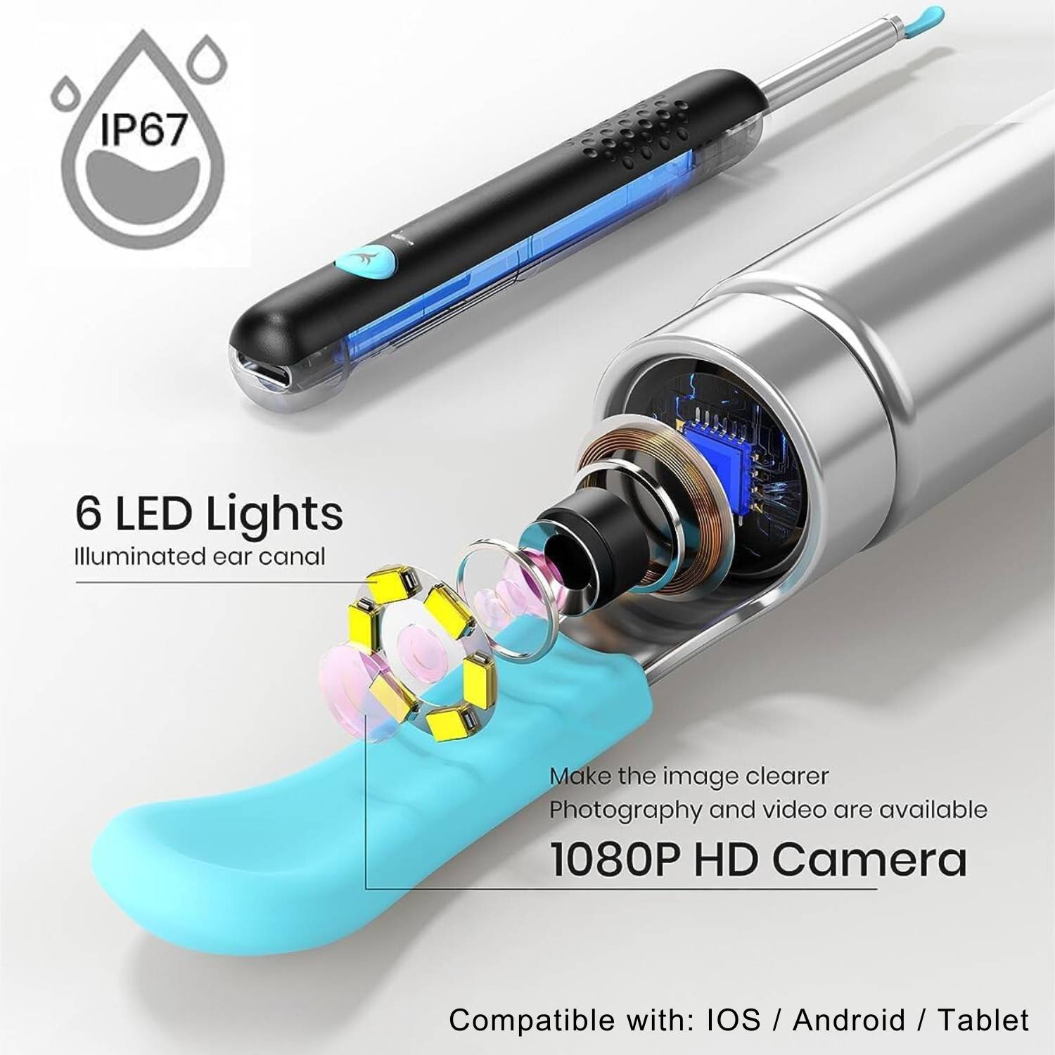 The ear cleaner with a camera, its lit tip and a soft spoon